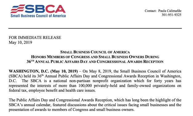 SBCA Honors Members of Congress And Small Business Owners During 36th Annual Public Affairs Day and Congressional Award Reception